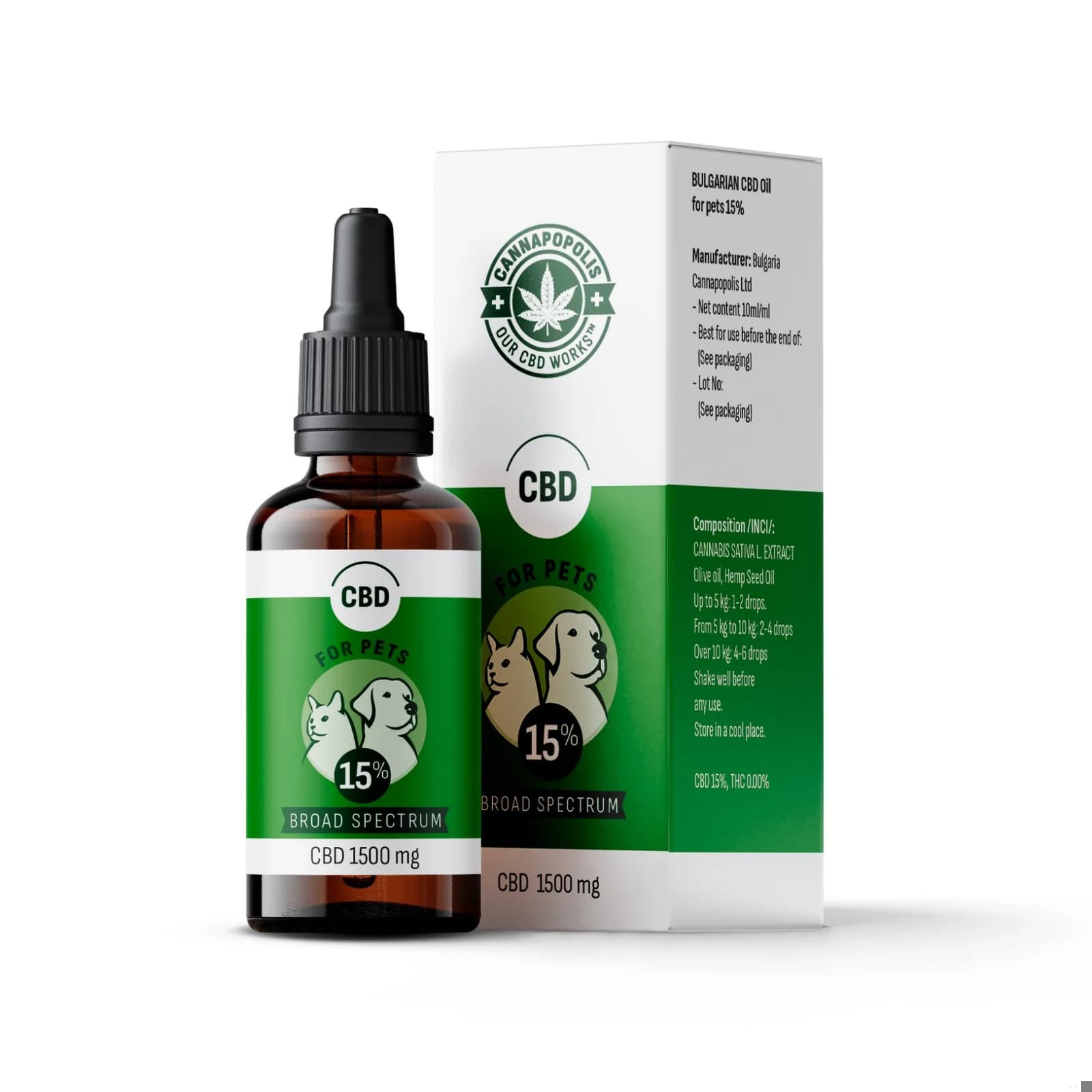 Cannapopolis CBD olaj 15% kisállatoknak, 10 ml-es üveg 1500 mg CBD tartalommal