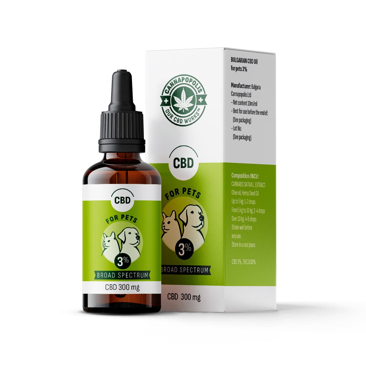 Cannapopolis CBD olaj 3% kisállatoknak, 10 ml-es üveg 300 mg CBD tartalommal